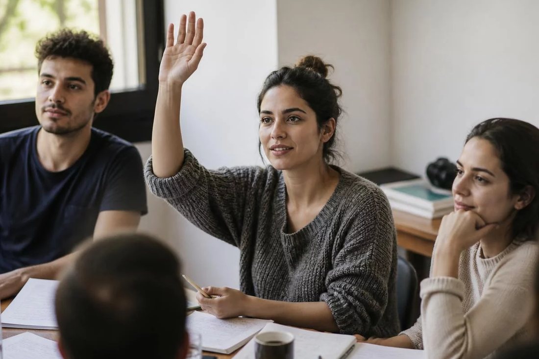 Facilitador em pé apontando para um argumento escrito no quadro durante a sessão