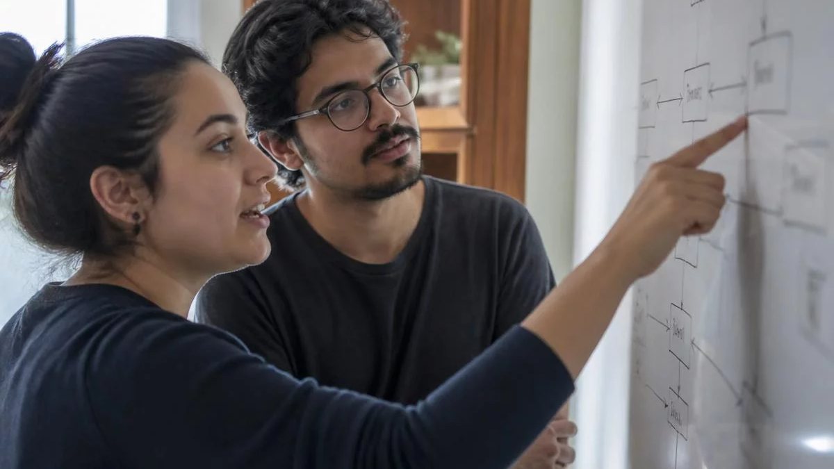 Duas participantes de pé diante do quadro branco, montando um argumento a caneta