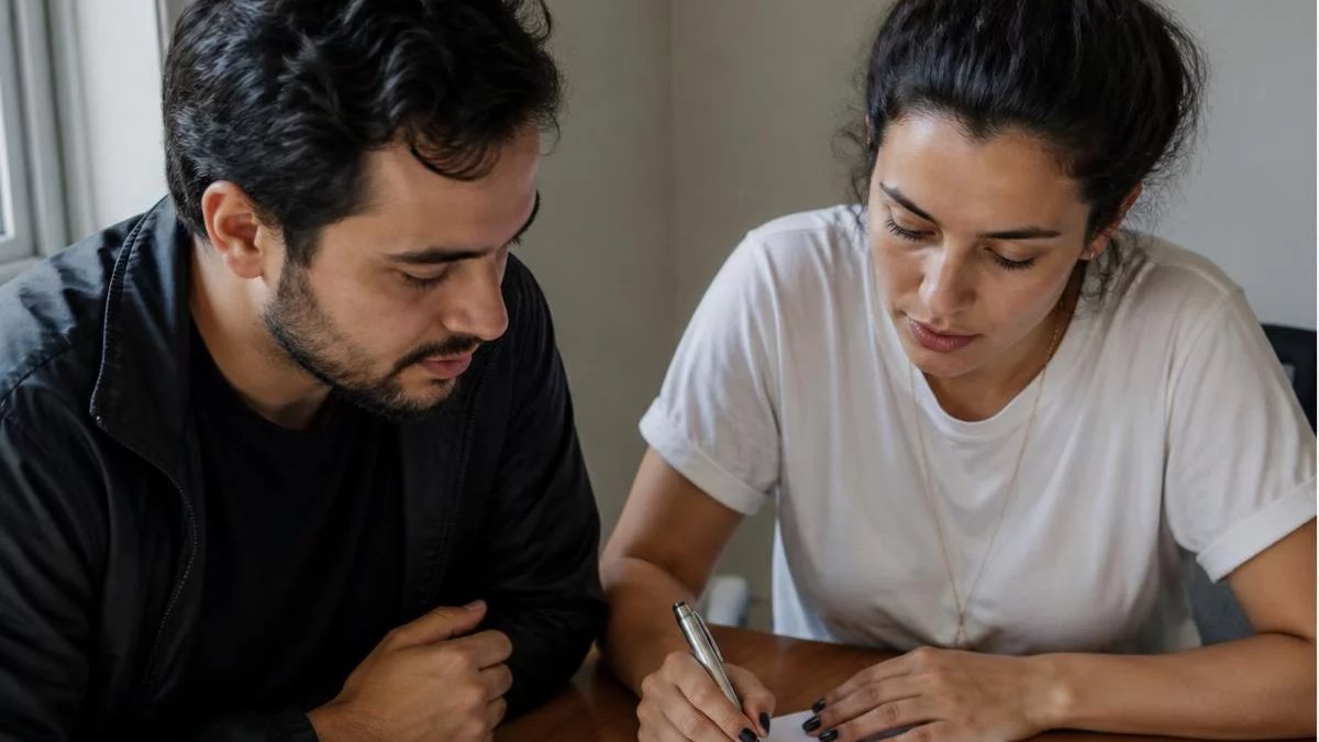 Participantes conferindo apontamentos num tablet apoiado na mesa durante o intervalo